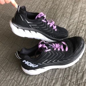 Hoka Black Running Shoes with Purple Laces